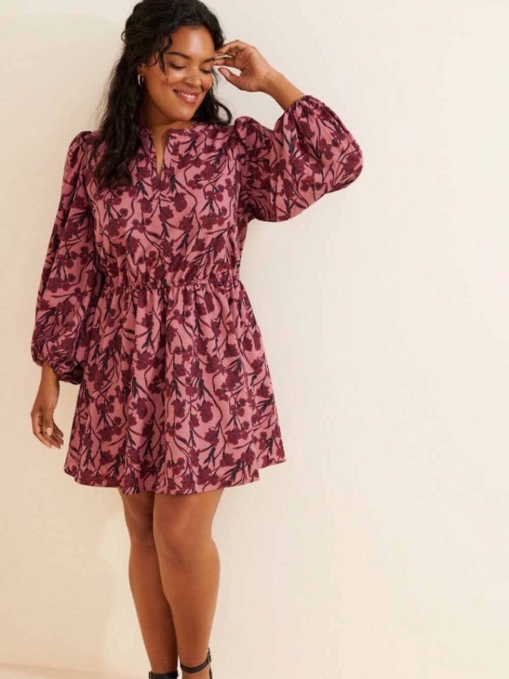 Hutch Floral Mini Dress Pink Burgundy Long Sleeve Babydoll 1X Plus Size